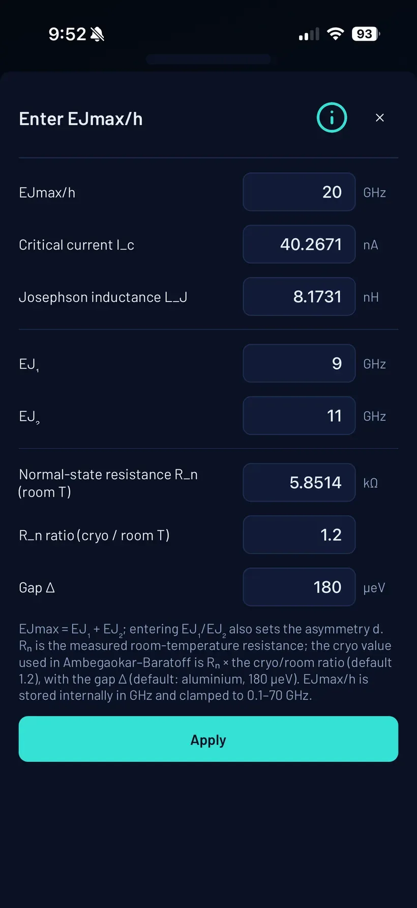 Monium’s parameter-entry sheet converting between EJ, critical current, Josephson inductance and normal-state resistance