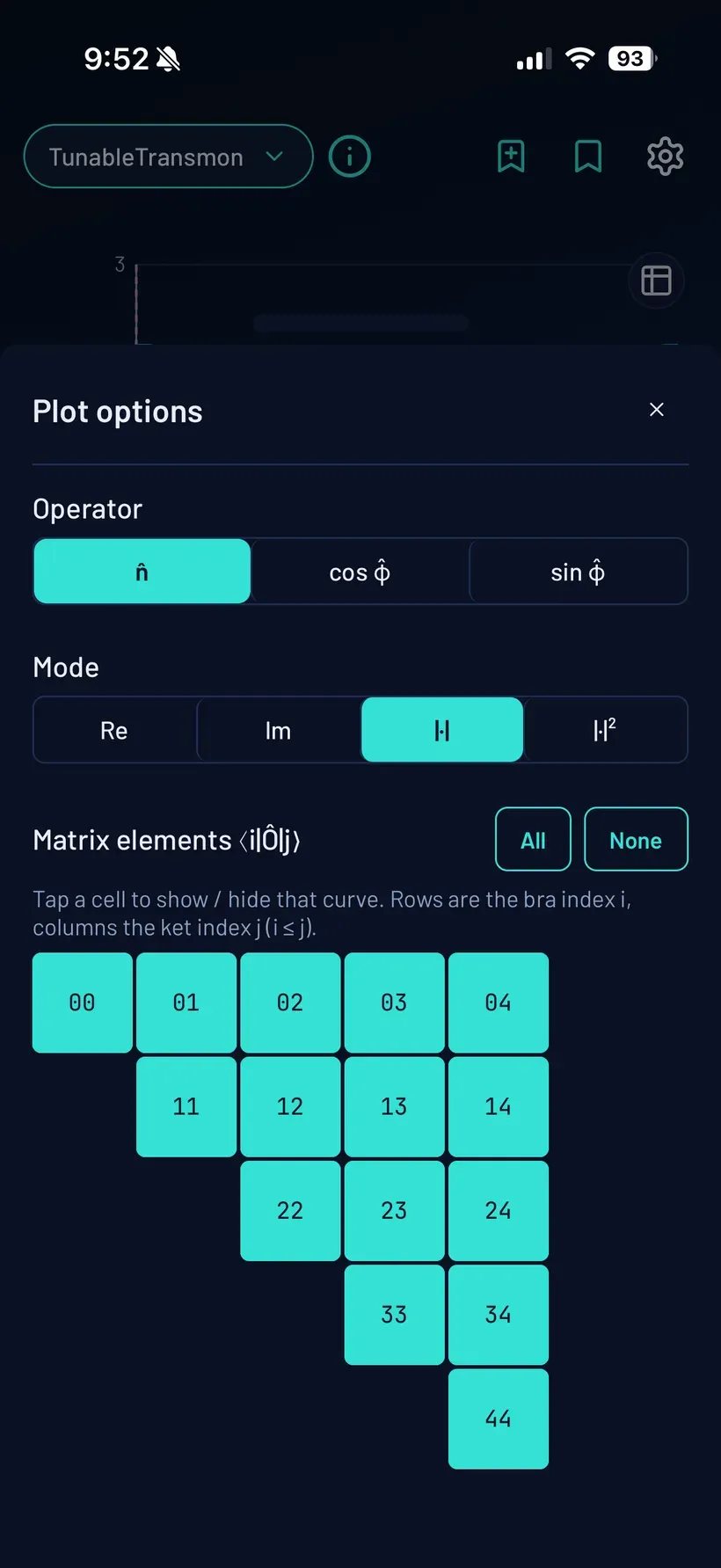 Monium’s matrix-element plot options: operator, component, and per-element selection
